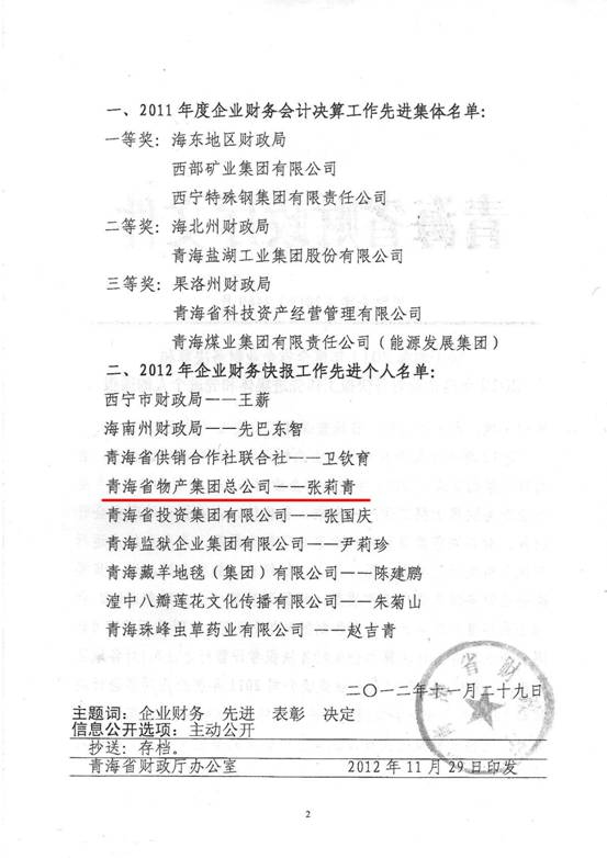 物產(chǎn)集團榮獲2011年度財務(wù)決算先進單位、2012年度財務(wù)快報工作先進個人表彰